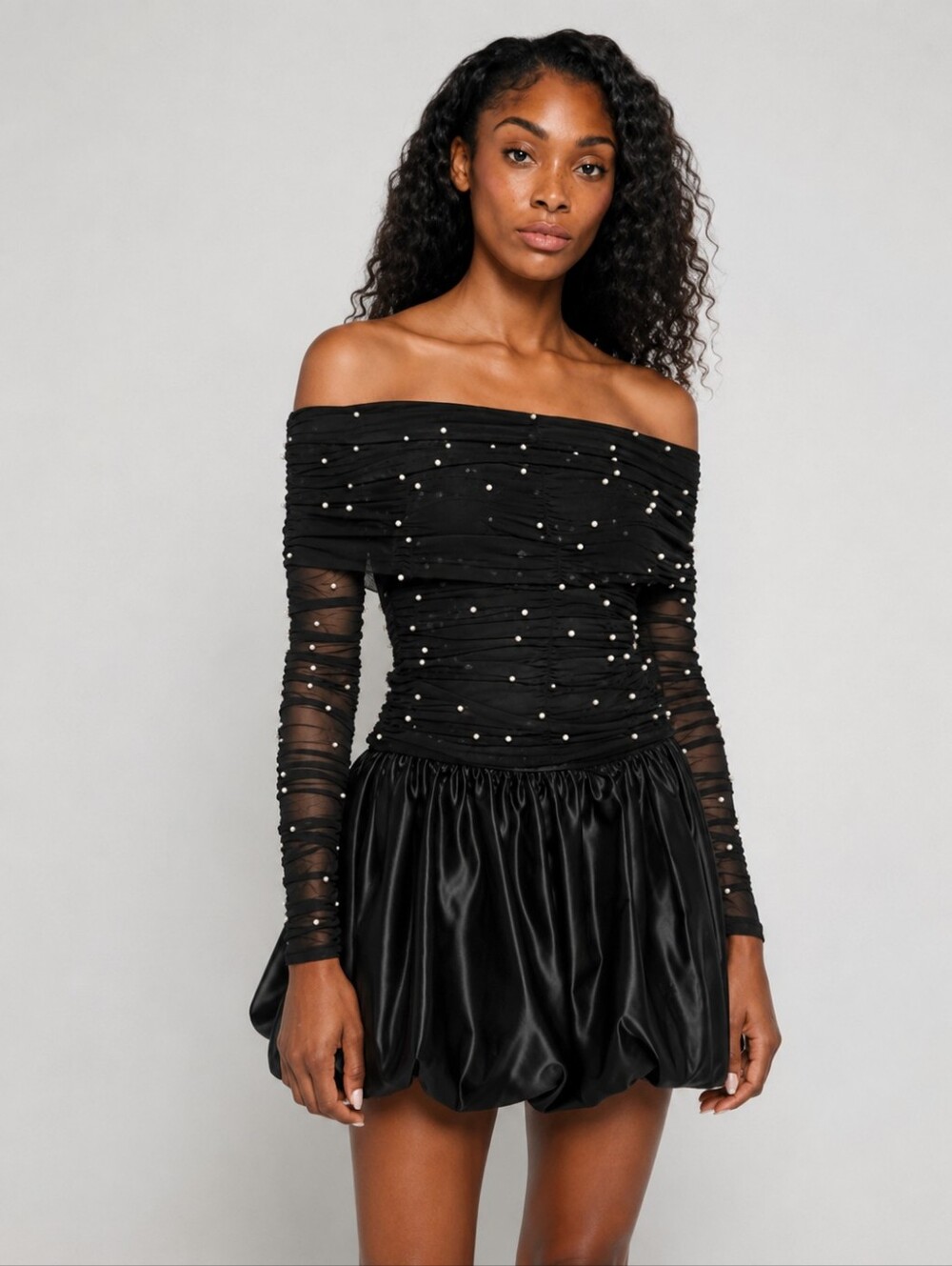 Off-Shoulder Black Pearl-Embellished Crop Top